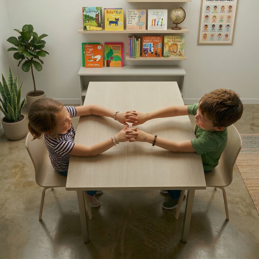 zwei kinder halten sich die hände am tisch bei der gruppentherapie